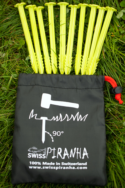 SwissPiranha GS120 ultralight vegan tent stakes biobased bio-based vegan recycling plastic Hering tent peg sardine with bag