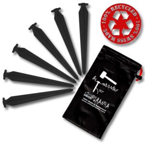 SwissPiranha BF220 ultralight recycled tent peg Blackfisk in hand sizing recycling plastic Hering sardine